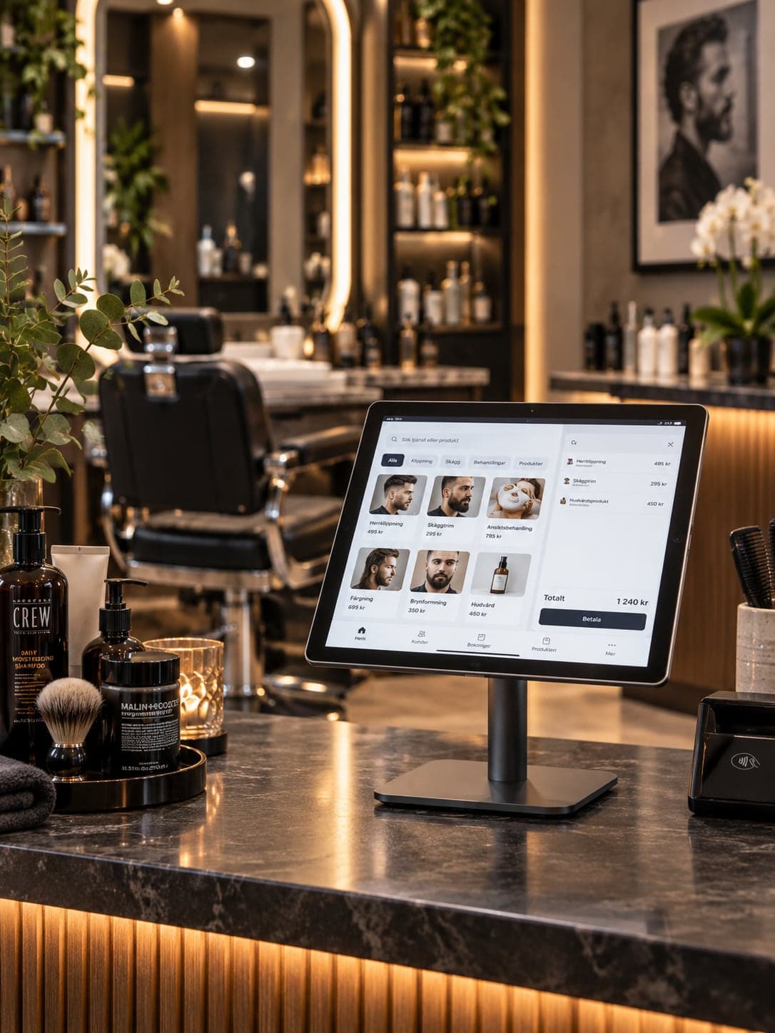 En barberardisk med Restora360-kassa på surfplatta som visar behandlingar, och en kortläsare