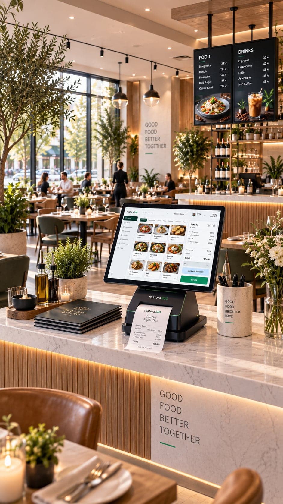 En restaurangdisk med Restora360-kassa, kvittoskrivare och digitala menyskärmar